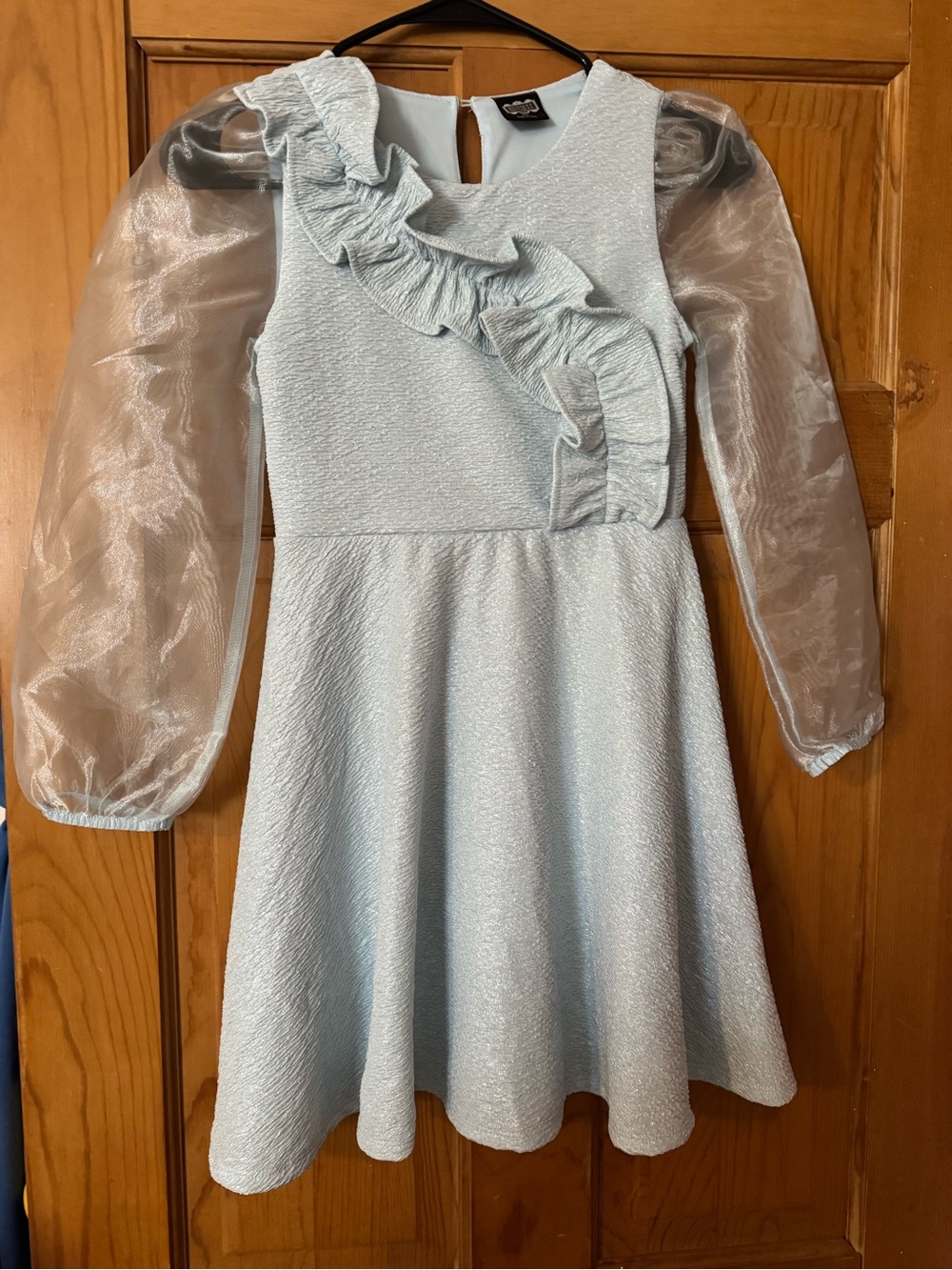 Sparkle Ruffle Organza Sleeve Girls Dress - Light Blue size 8
